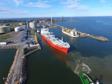Aerial view of the new Pori LNG terminal, with the ship Coral Energy berthed (Photo credit: Gasum)